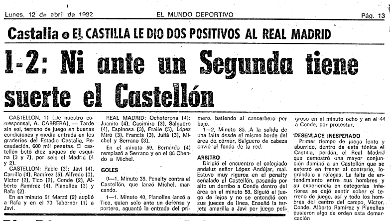 Crónica del Partido Castellón- Real Madrid con los filiales por la huelga de futbolistas, 1982.