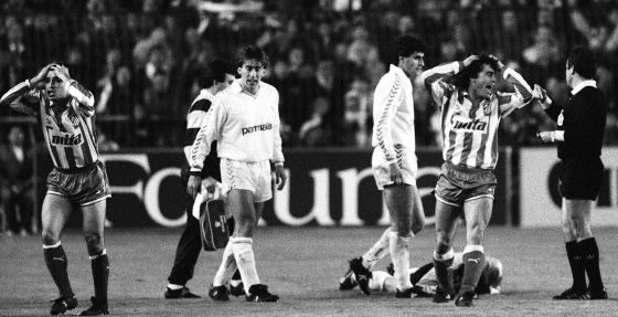 Lío en derbi Real Madrid Atlético de Madrid de 1988 con gol final de Martín Vázquez. Futre es expulsado por insultar al arbitro y al juez de linea