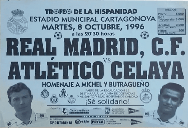 Folleto partido Atletico Celaya Real Madrid homenaje Michel y Butragueño 1996 Cartagena.