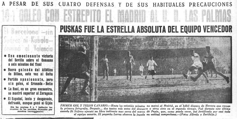 4 de Enero de 1959. Real Madrid 10-1 UD Las Palmas en una de las mayores goleadas logradas en el Santiago Bernabeu.