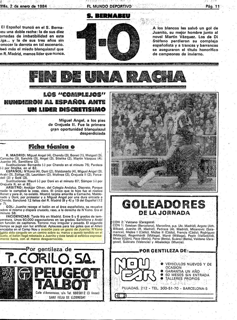 Crónica de Mundo deportivo sobre el Real Madrid Español del 31 de diciembre de 1983