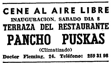 Anuncio de la inauguración del Bar Restaurante Pancho Puskas 8 de Julio de 1967