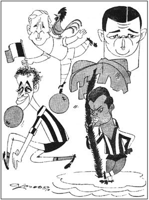 Kopa, Puskas, Peiró y Agustín, caricaturizados por Cronos con ocasión de un Madrid-Atlético donde el francés estuvo soberbio