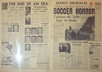 Portada del Daily Herald sobre la Tragedia de Munich en la que murieron 8 jugadores del Manchester United.