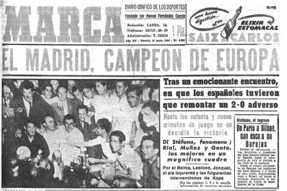 Portada Primera Copa de Europa Real Madrid , Campeón de Europa. Marca.