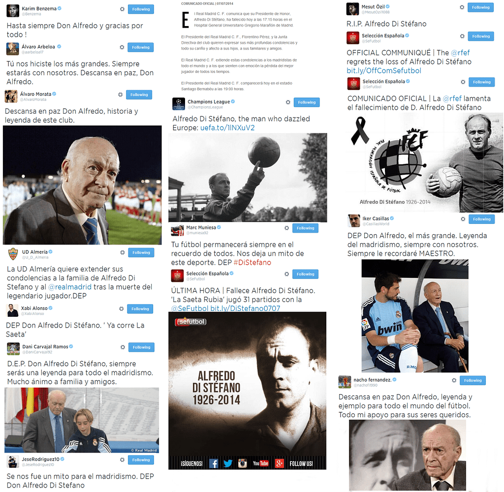 Tweets de jugadores y entidades dando muestras de apoyo a Don Alfredo Di Stéfano el día de su muerte.